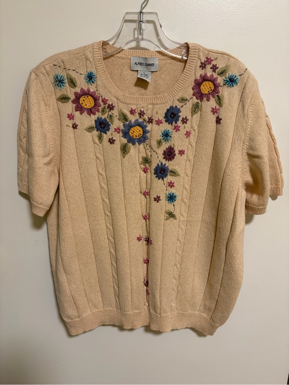 Alfred Dunner Cream Short-Sleeve Sweater with Multicolor Floral Embroidery